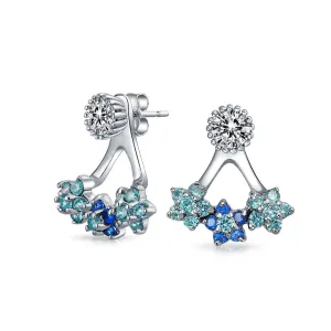 Aqua Blue CZ Flower Fan Earring Jacket Sterling Silver Studs