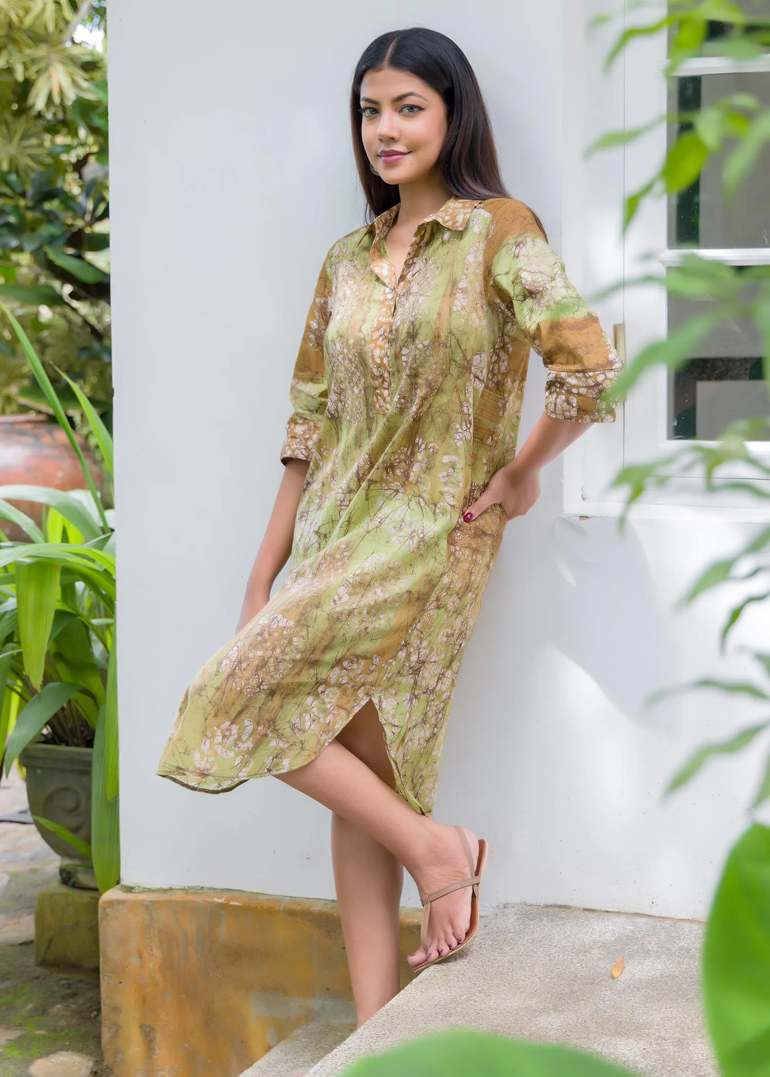 Batik printed brush stroke shirt dress