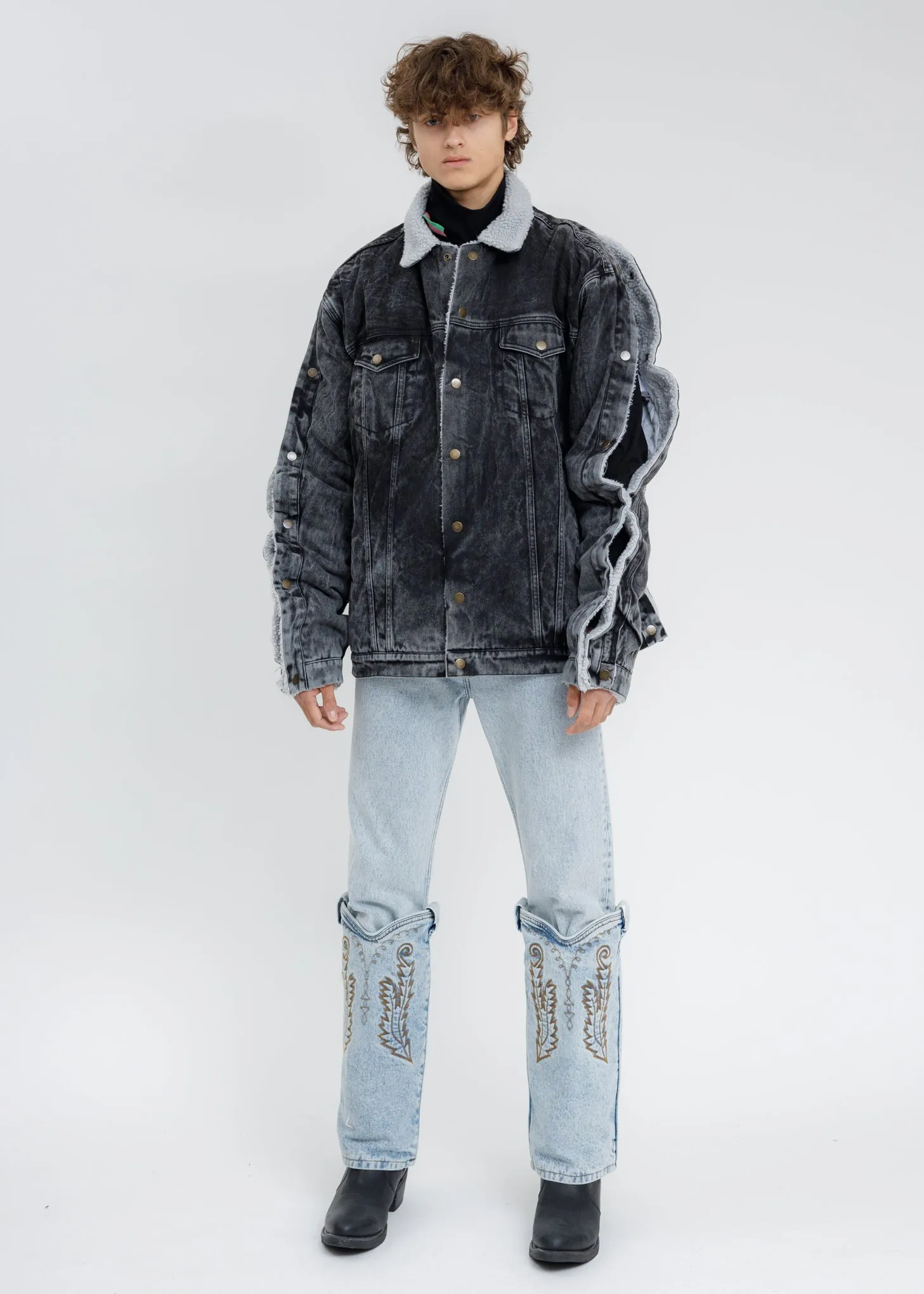 Black Acid Washed Snap Denim Jacket