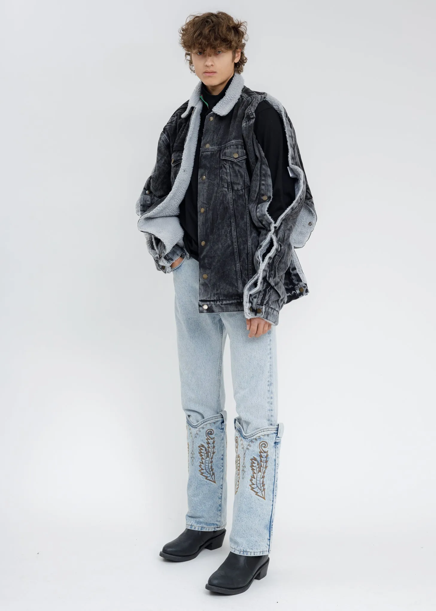 Black Acid Washed Snap Denim Jacket