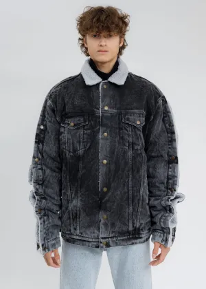 Black Acid Washed Snap Denim Jacket