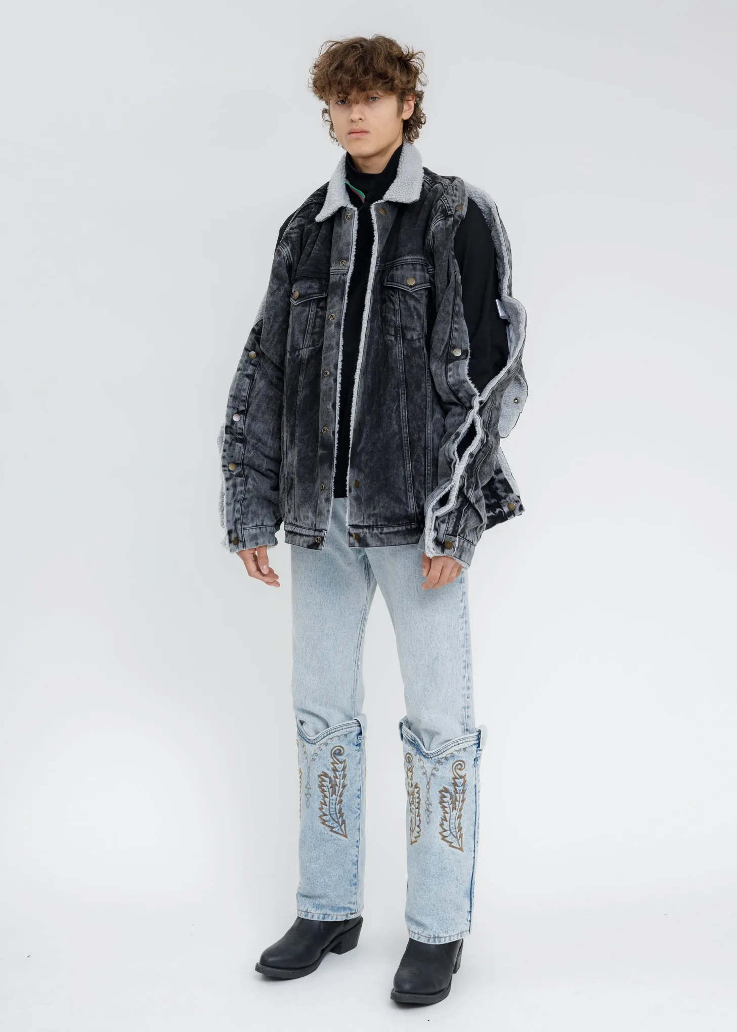 Black Acid Washed Snap Denim Jacket