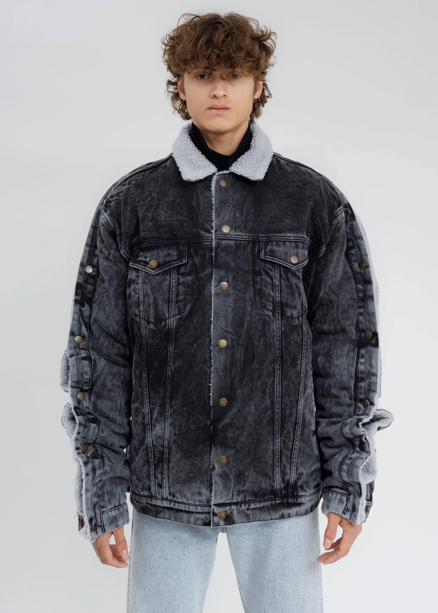 Black Acid Washed Snap Denim Jacket
