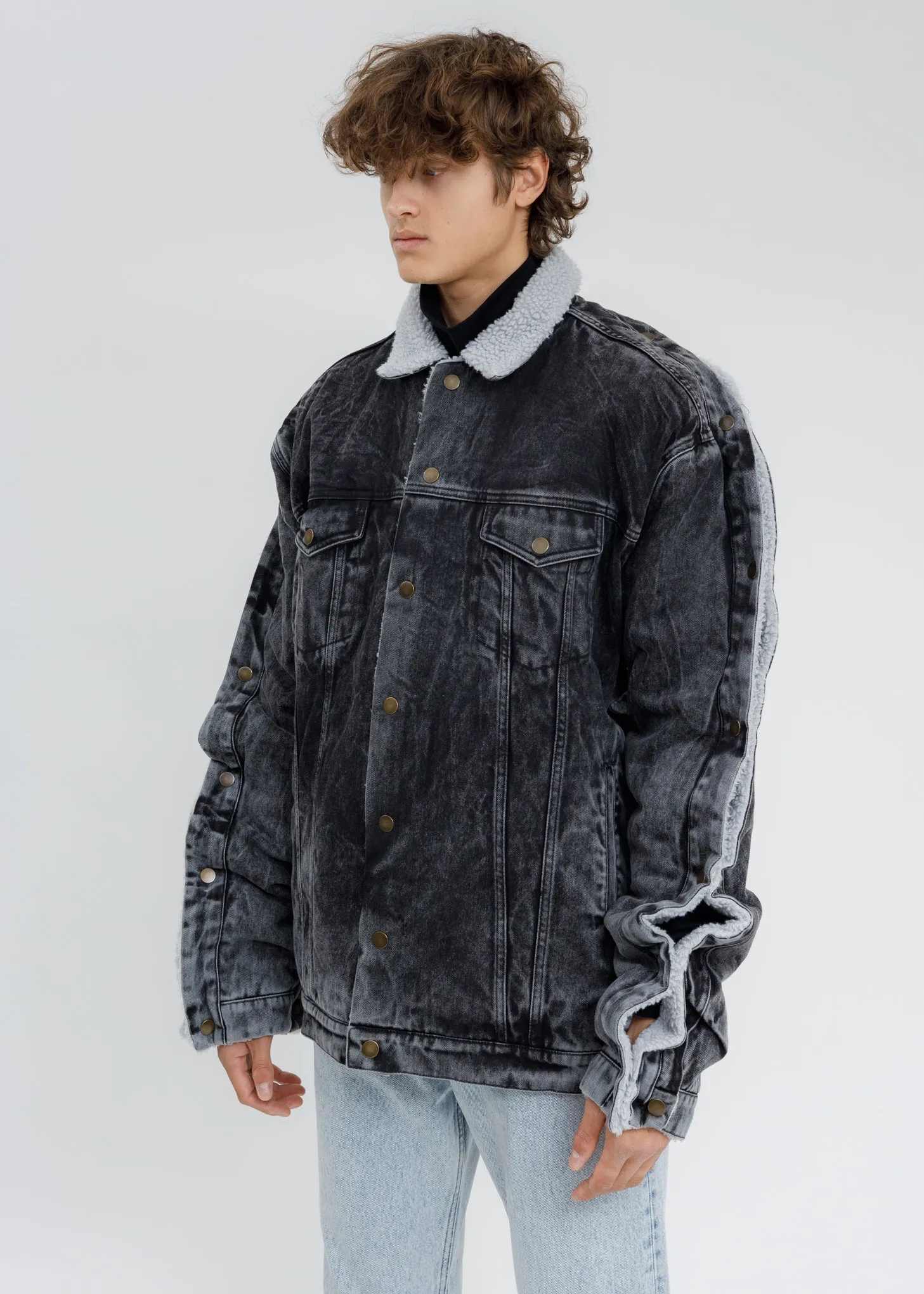 Black Acid Washed Snap Denim Jacket