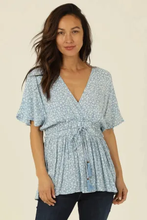 Blue Ditsy Floral V-Neck Blouse