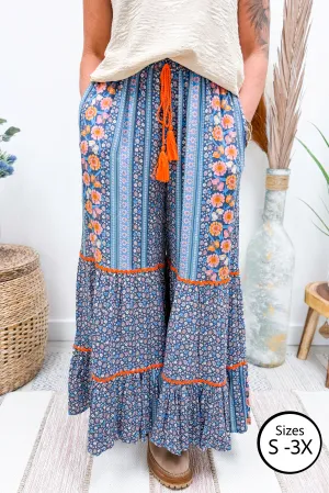 Blue Floral Printed Flowy Pants
