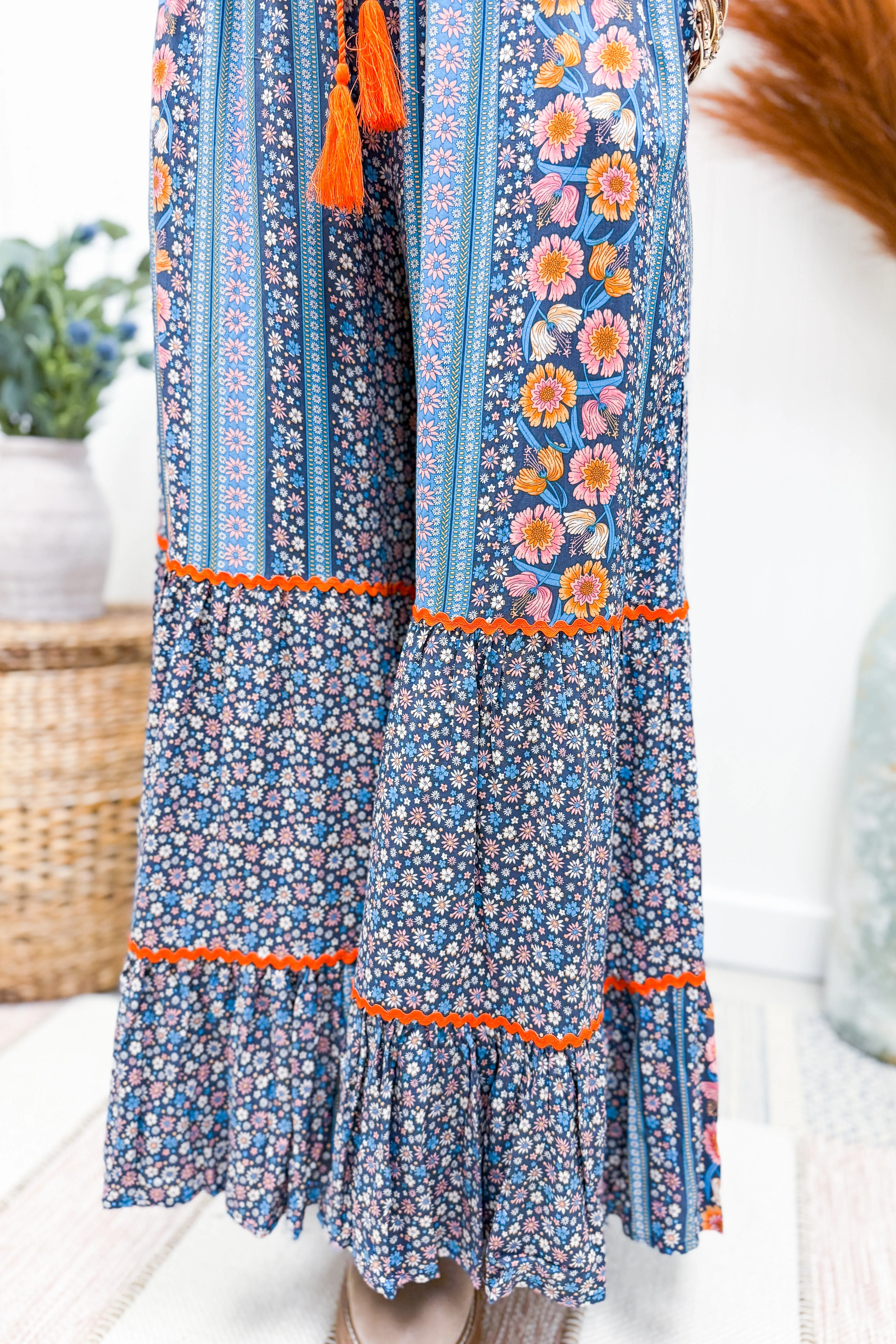 Blue Floral Printed Flowy Pants