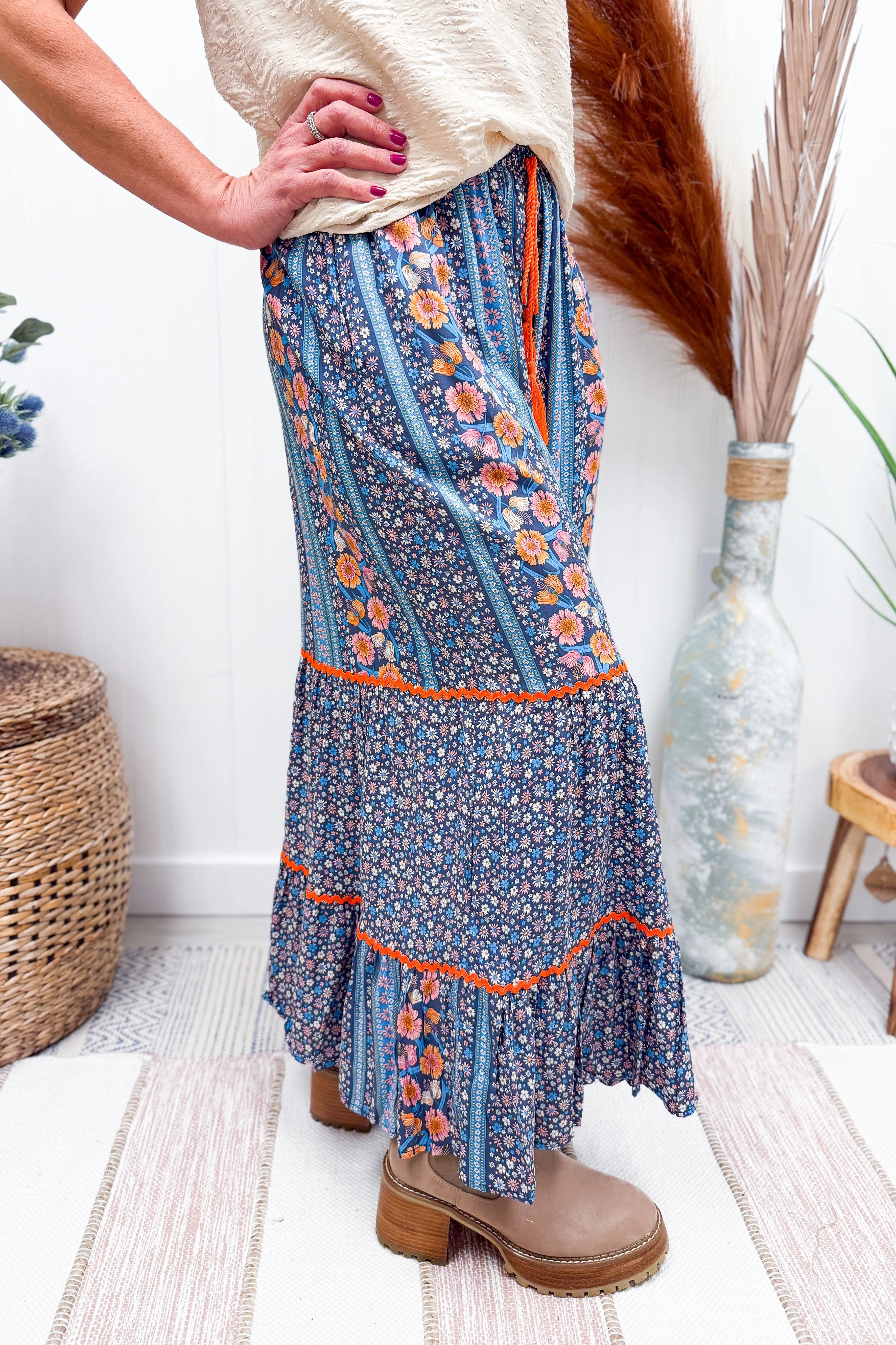 Blue Floral Printed Flowy Pants