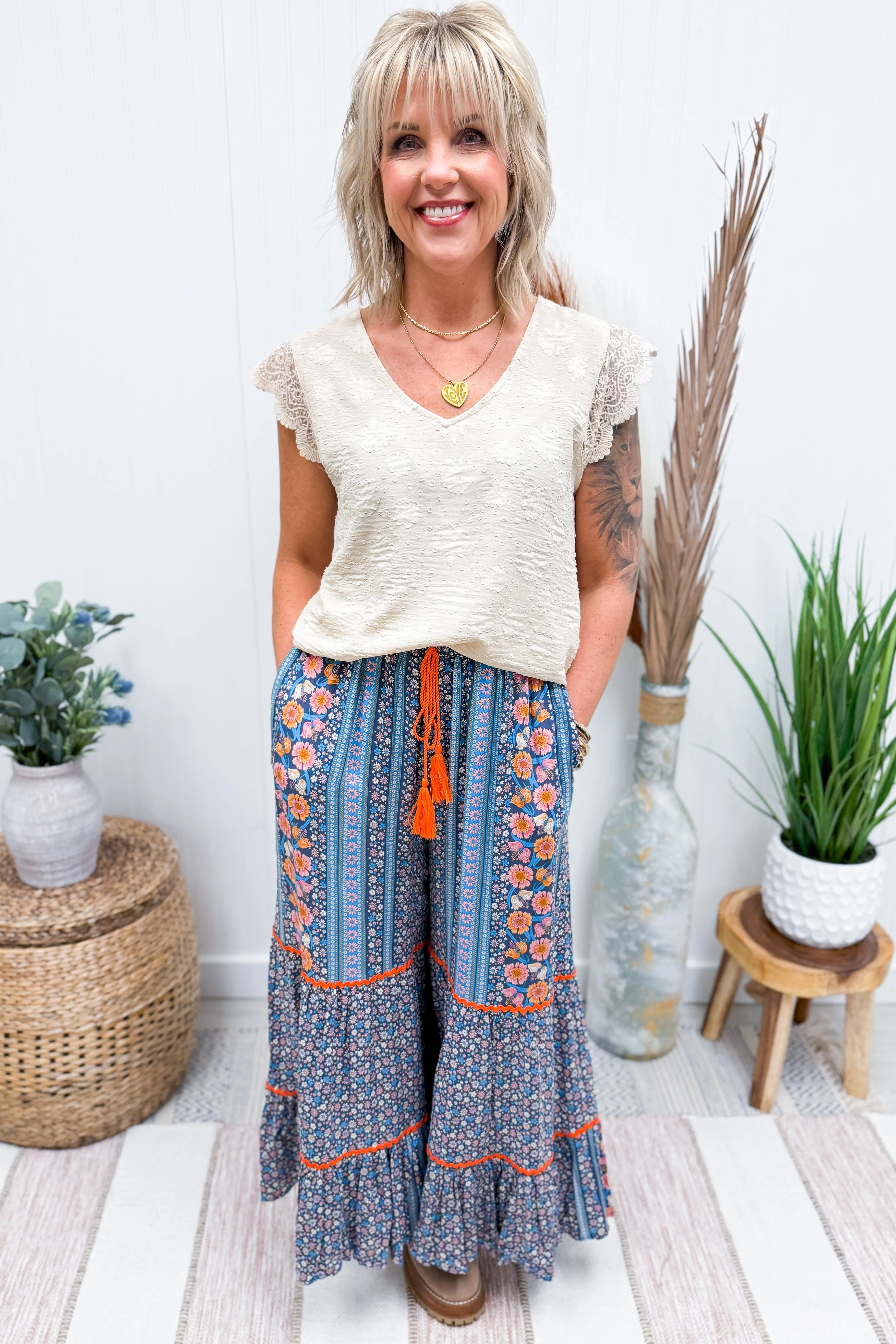 Blue Floral Printed Flowy Pants
