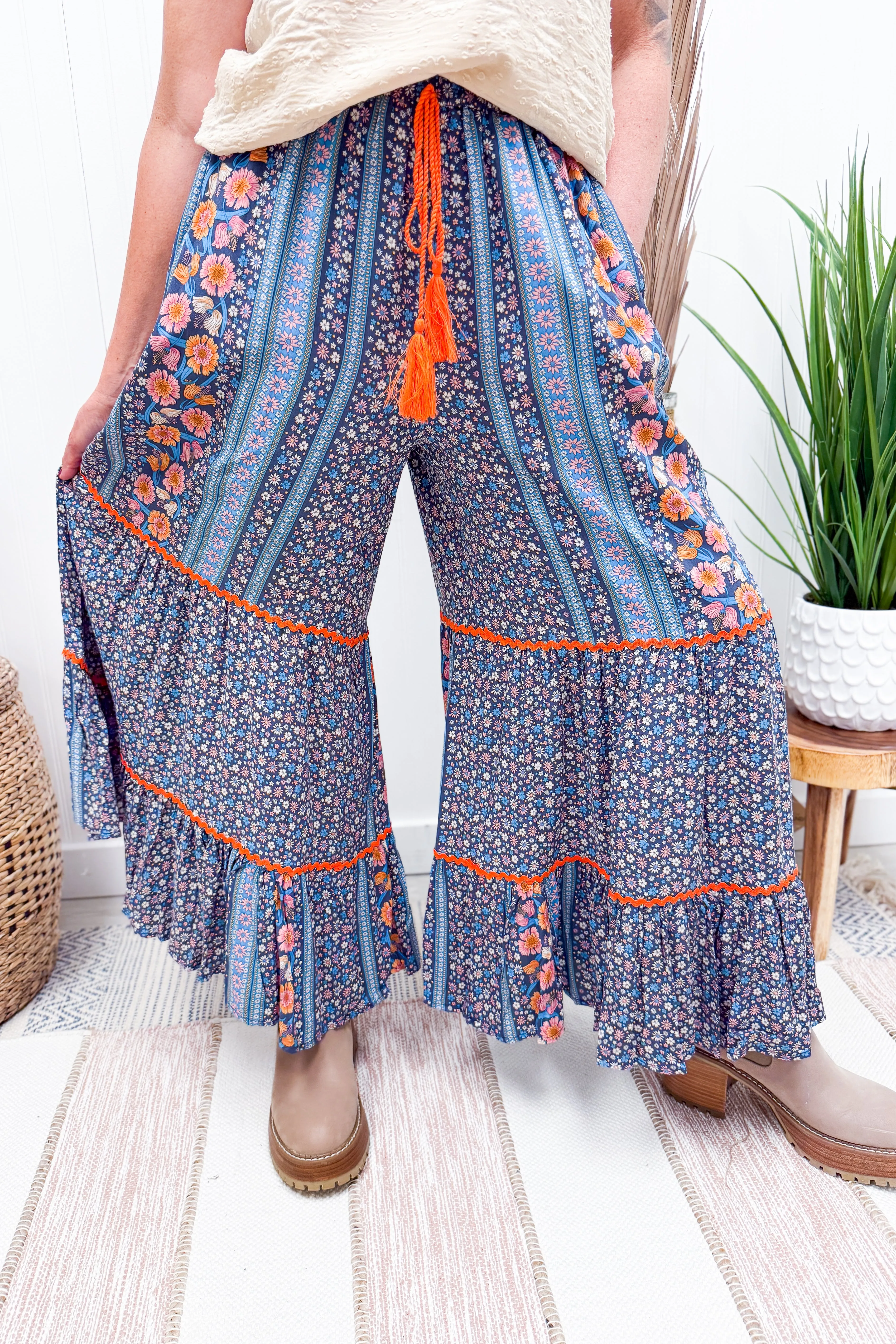 Blue Floral Printed Flowy Pants