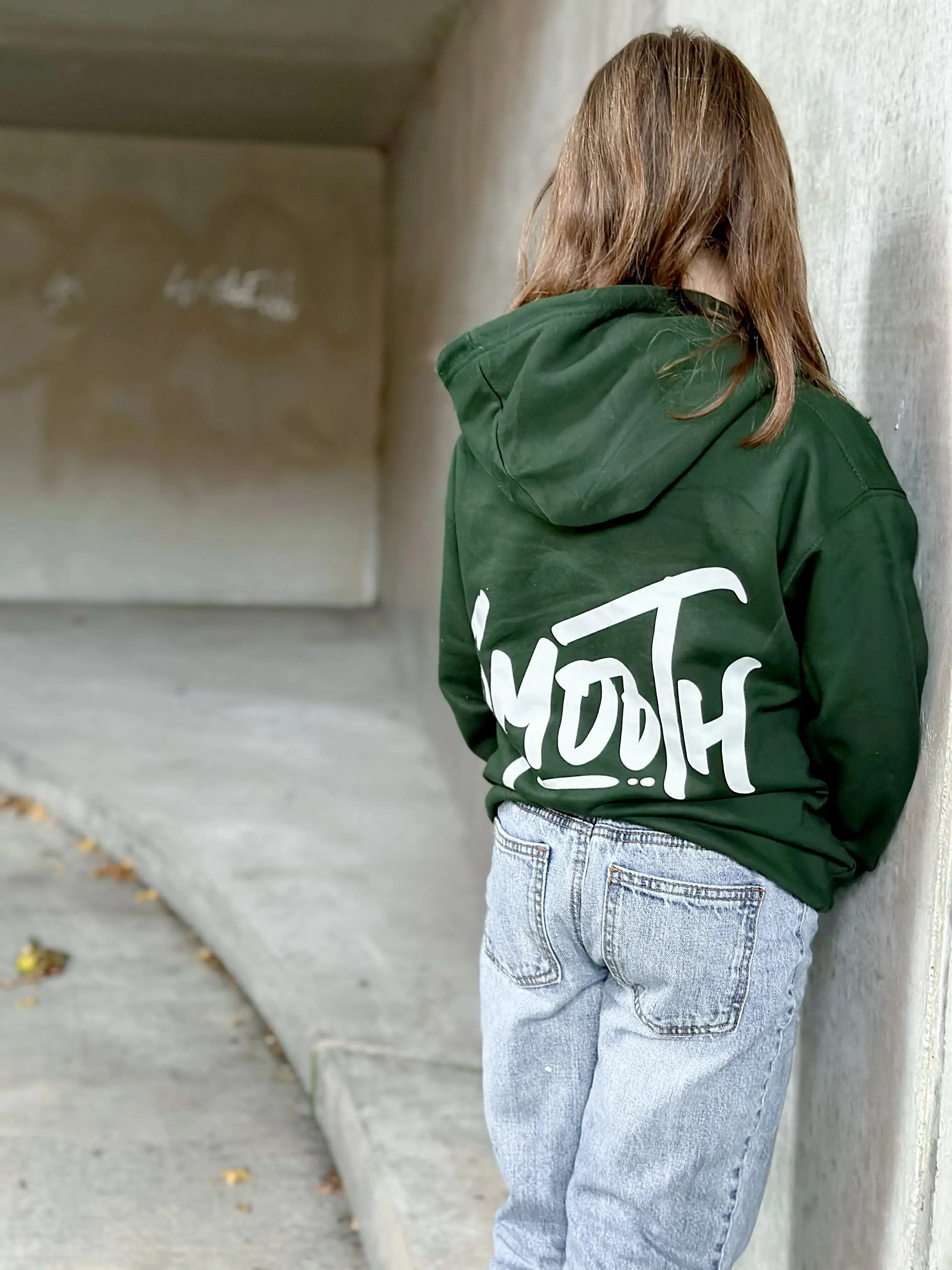 Bottle Green Kids Hoodie / Dainty White Front Back Girls
