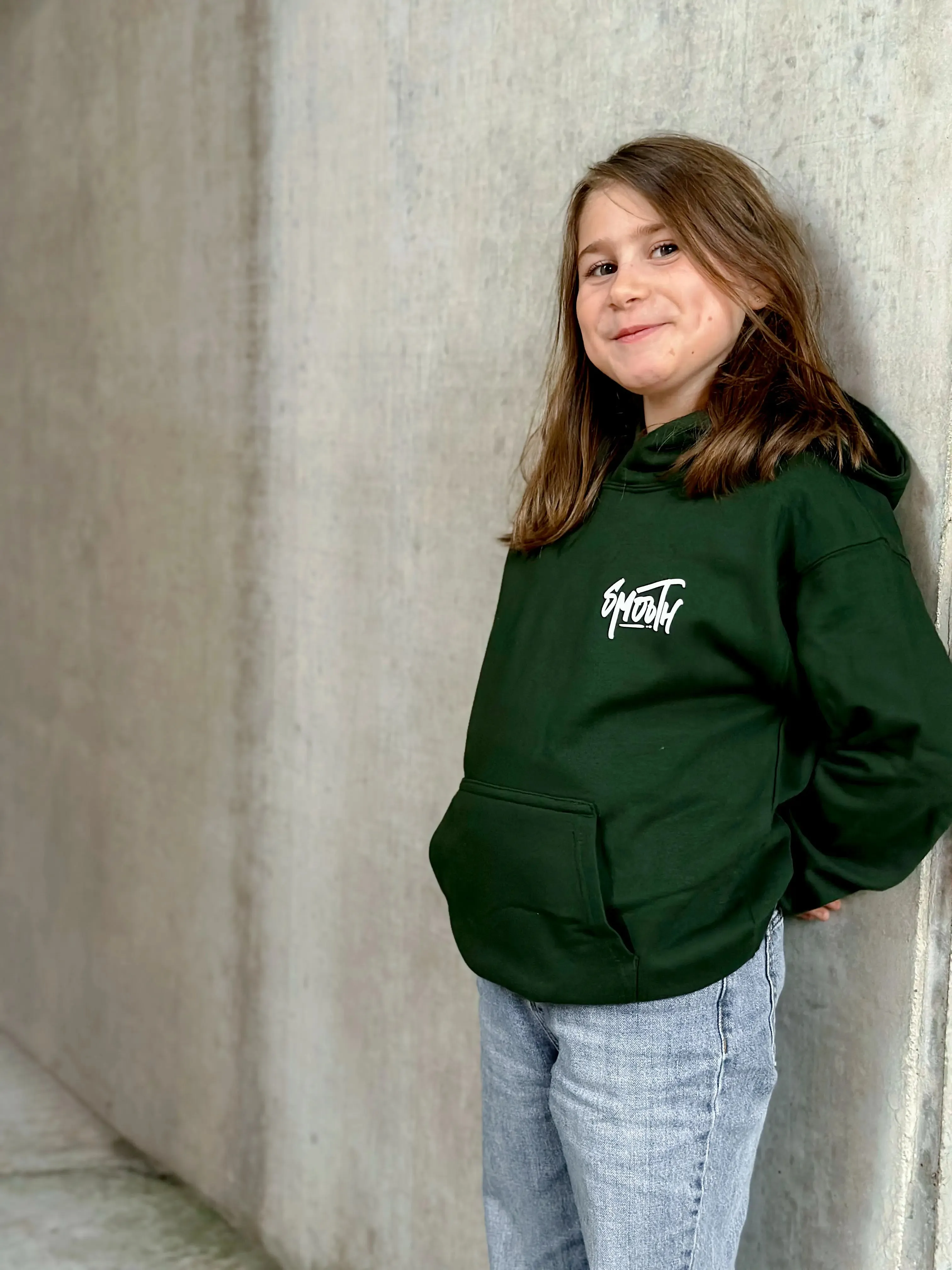 Bottle Green Kids Hoodie / Dainty White Front Back Girls