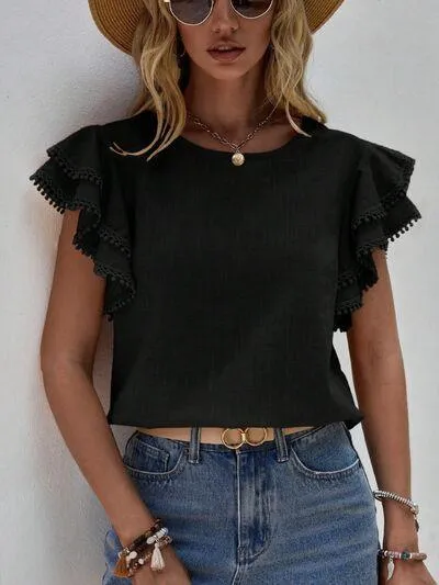Butterfly Ruffled Sleeve Crew Neck Blouse