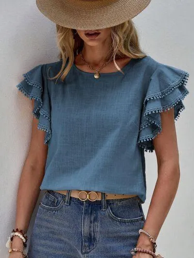 Butterfly Ruffled Sleeve Crew Neck Blouse