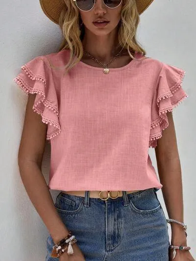 Butterfly Ruffled Sleeve Crew Neck Blouse