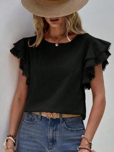 Butterfly Ruffled Sleeve Crew Neck Blouse