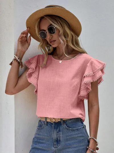 Butterfly Ruffled Sleeve Crew Neck Blouse