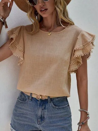 Butterfly Ruffled Sleeve Crew Neck Blouse