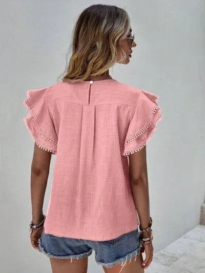 Butterfly Ruffled Sleeve Crew Neck Blouse