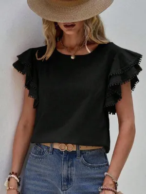 Butterfly Ruffled Sleeve Crew Neck Blouse