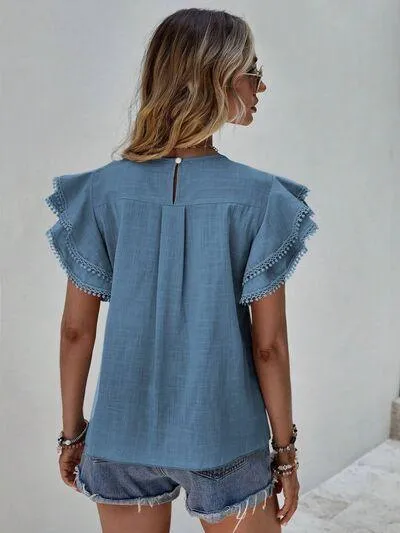 Butterfly Ruffled Sleeve Crew Neck Blouse