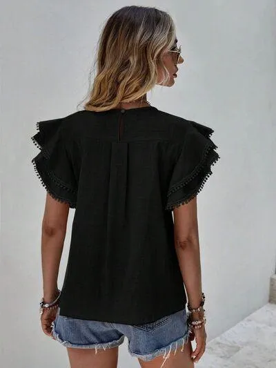 Butterfly Ruffled Sleeve Crew Neck Blouse
