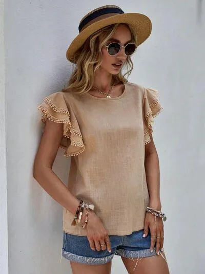 Butterfly Ruffled Sleeve Crew Neck Blouse
