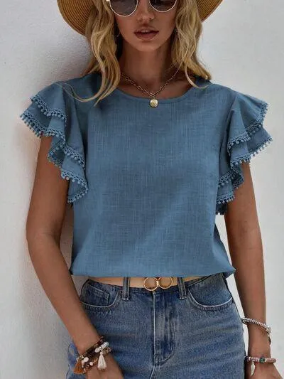 Butterfly Ruffled Sleeve Crew Neck Blouse
