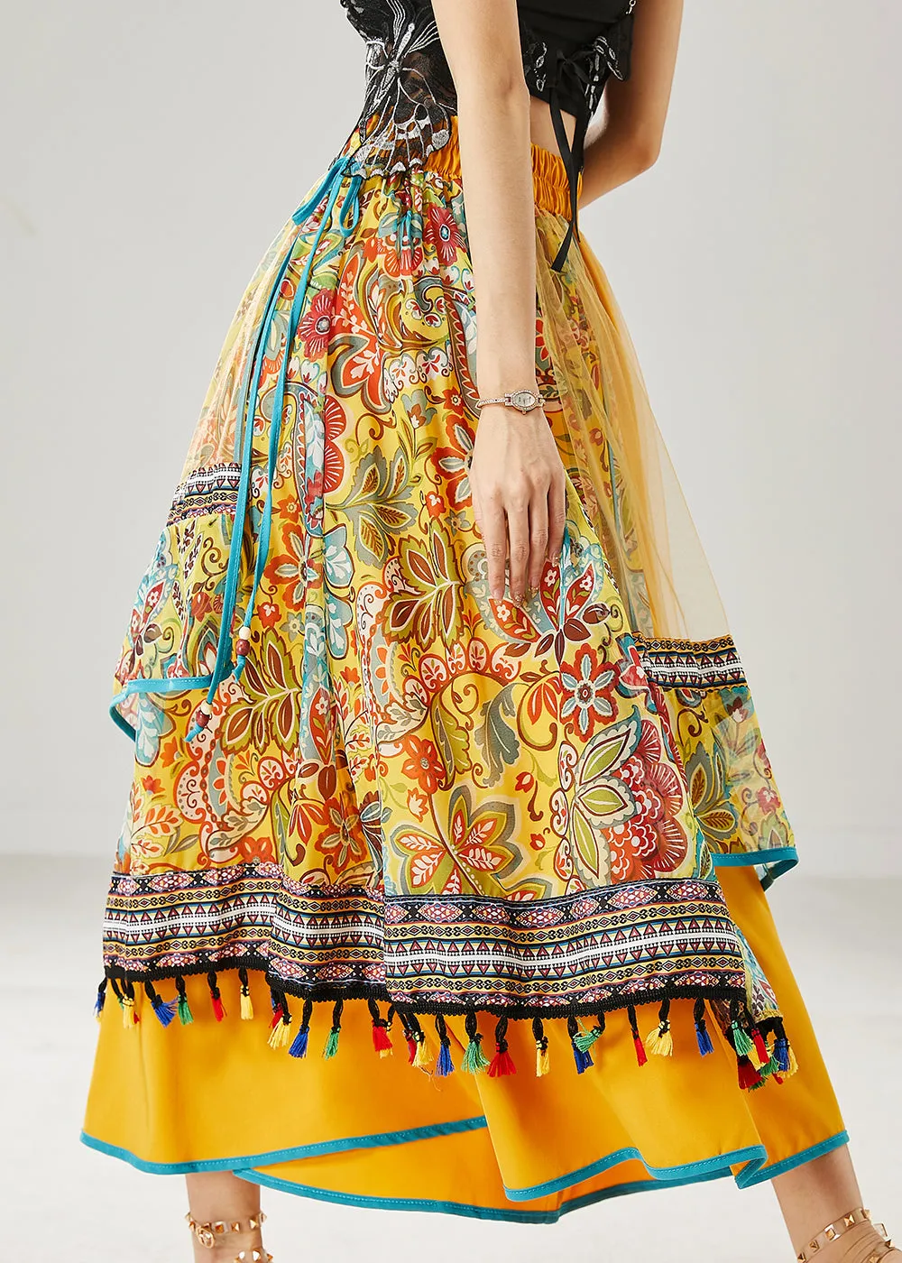 Chic Yellow Tasseled Patchwork Tulle Skirt Summer