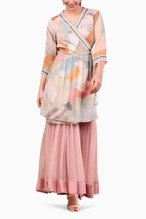 Conversational Printed Sequin Top With Sharara Pants