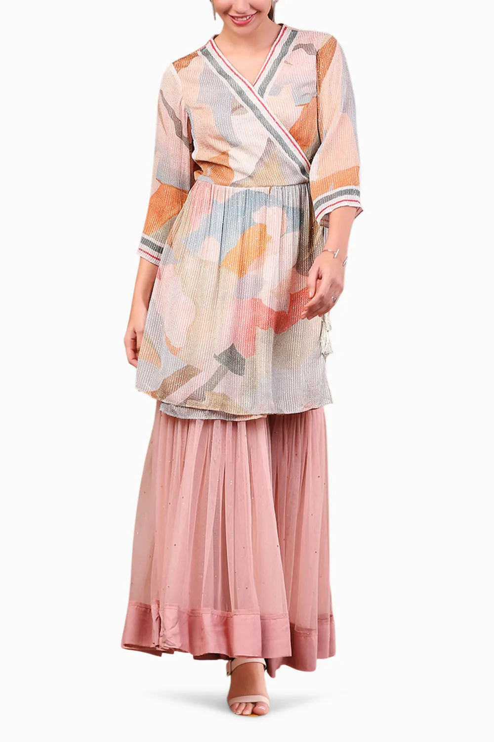 Conversational Printed Sequin Top With Sharara Pants