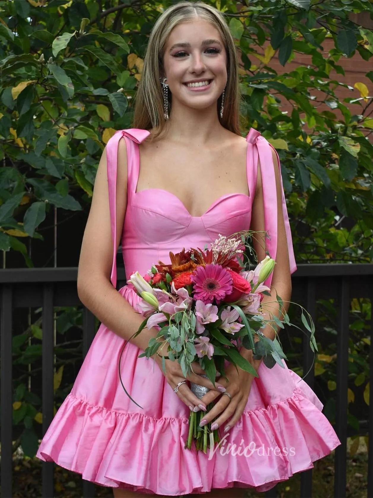 Cute Satin Homecoming Dresses Wide Strap Bow-Tie Short Prom Dress SD1641