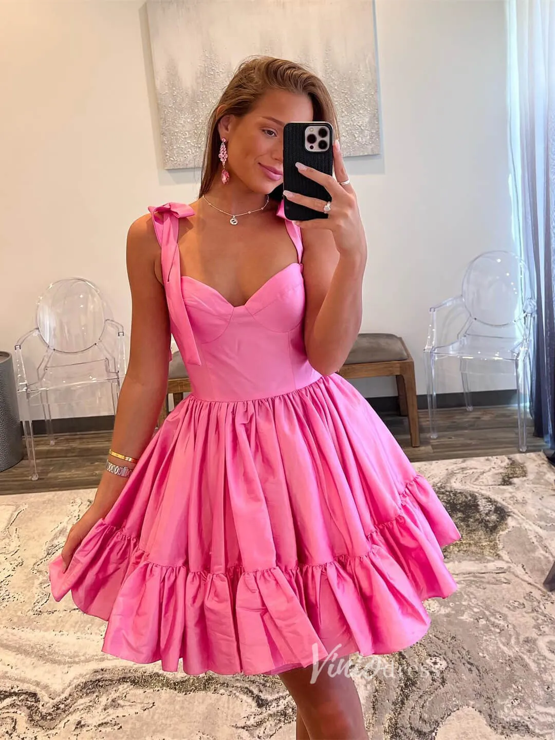 Cute Satin Homecoming Dresses Wide Strap Bow-Tie Short Prom Dress SD1641