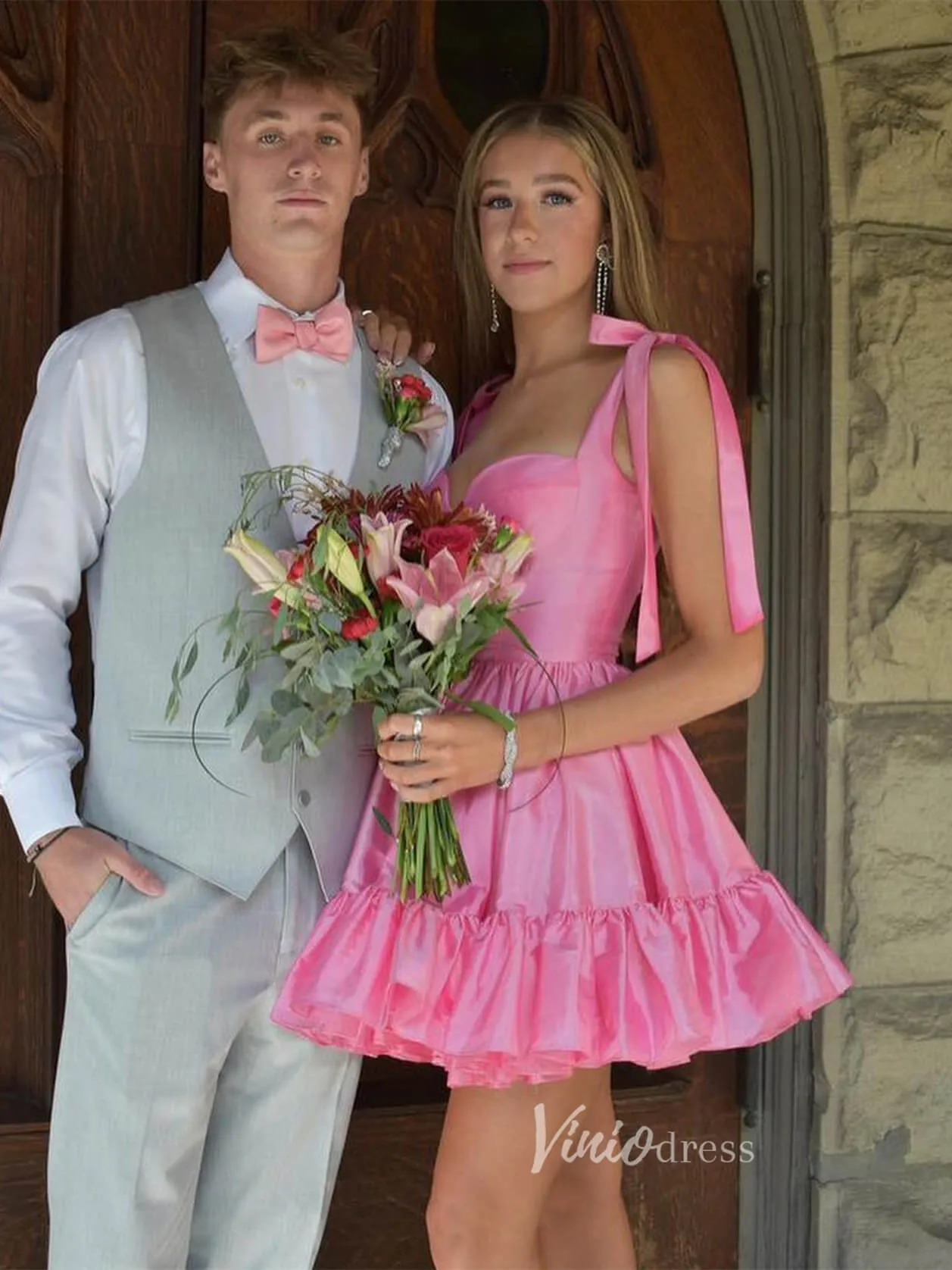 Cute Satin Homecoming Dresses Wide Strap Bow-Tie Short Prom Dress SD1641