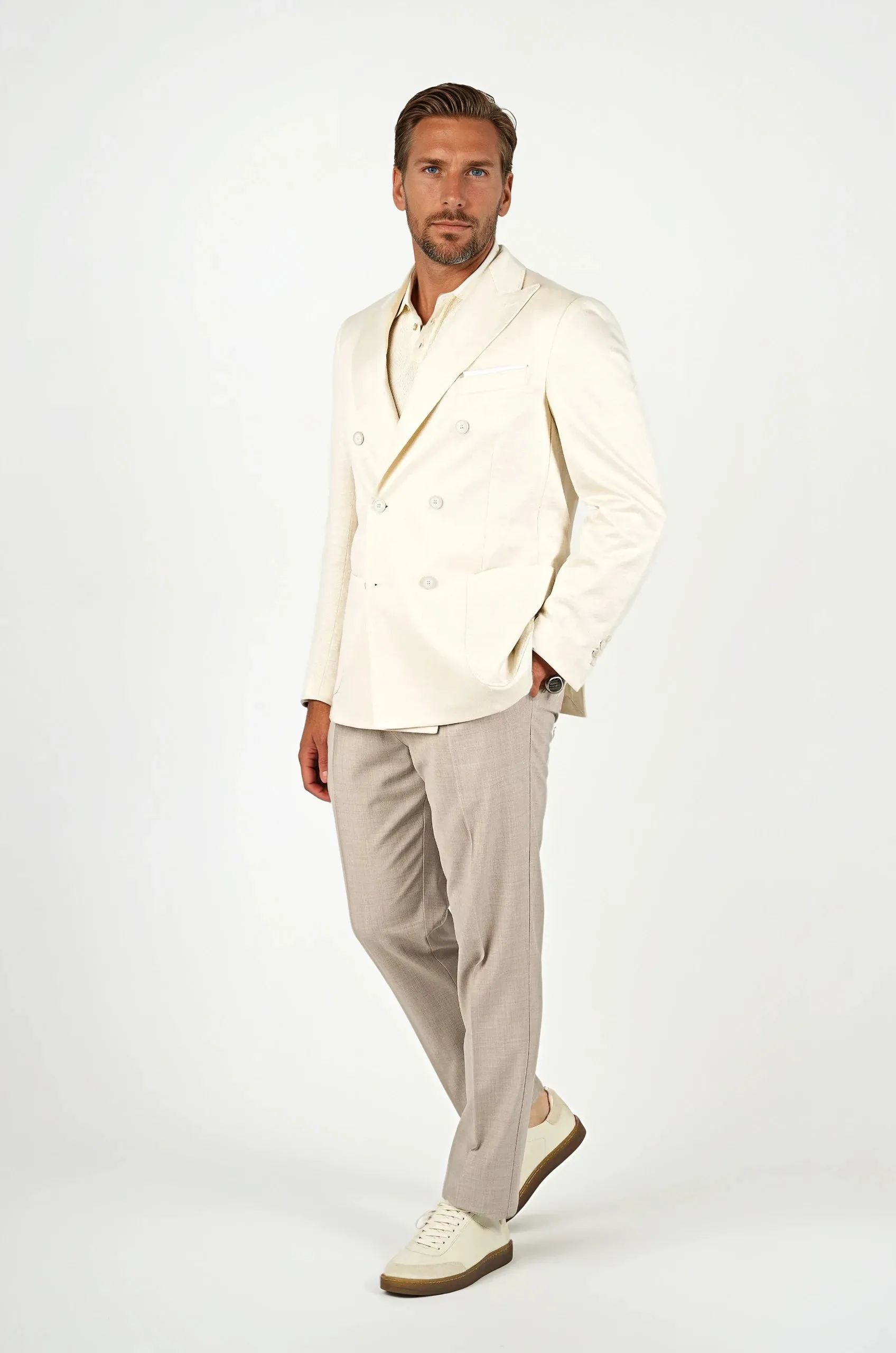 Double-breasted Jersey Blazer in Linen & Cotton