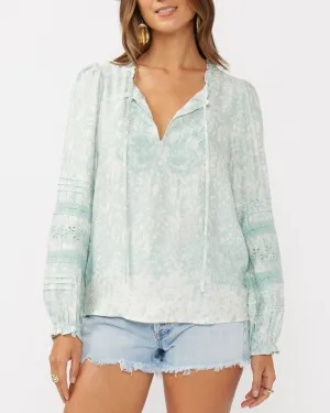 Floral Embroidered Lace Trim Blouse - Natural/Dusty Blue