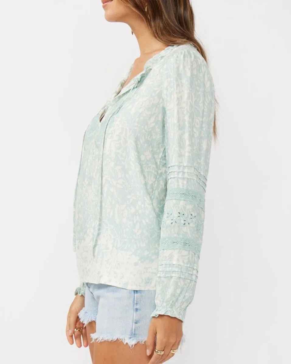 Floral Embroidered Lace Trim Blouse - Natural/Dusty Blue