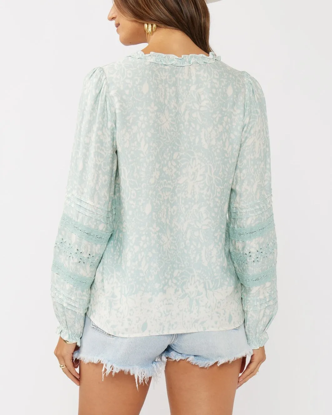 Floral Embroidered Lace Trim Blouse - Natural/Dusty Blue