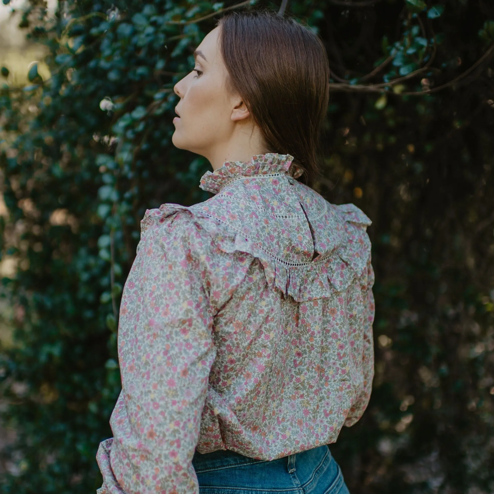 'Fruit Punch' Liberty Print Ruffle High Neck Blouse