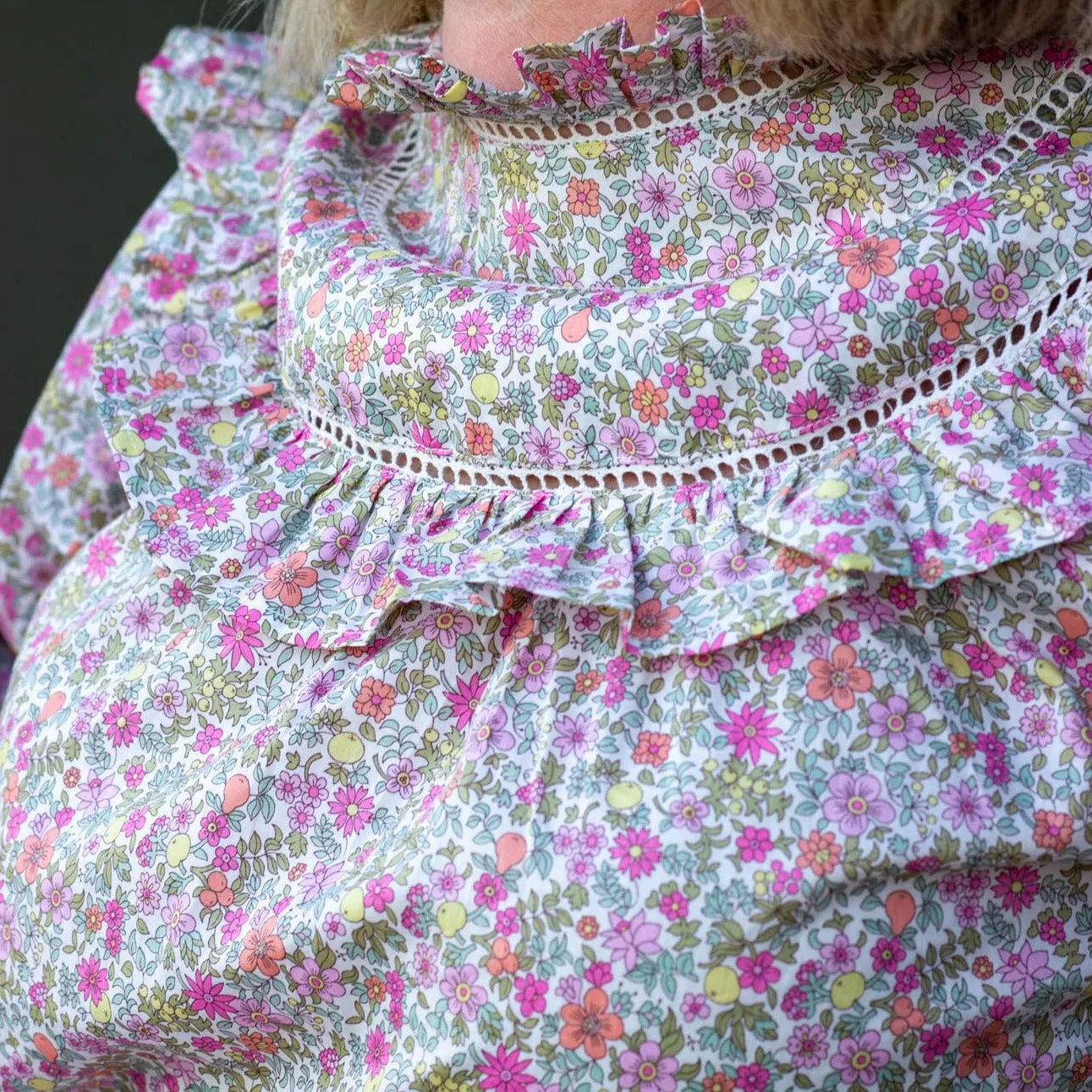 'Fruit Punch' Liberty Print Ruffle High Neck Blouse