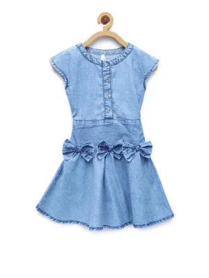 Girls Denim Blue Smocked Waist & Bow Dress