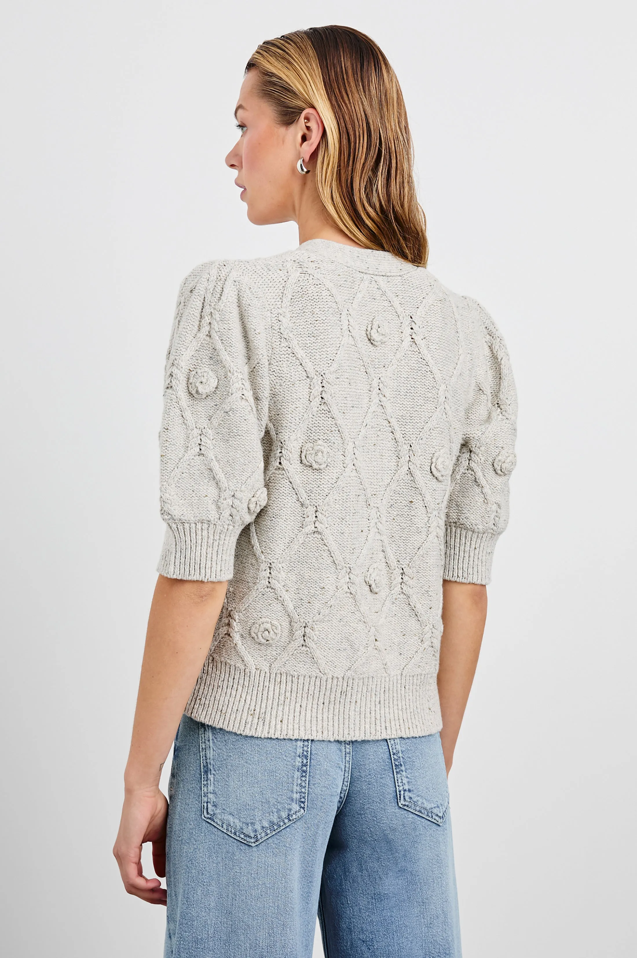 ISLA CARDIGAN - GREY WITH CROCHET DAISIES