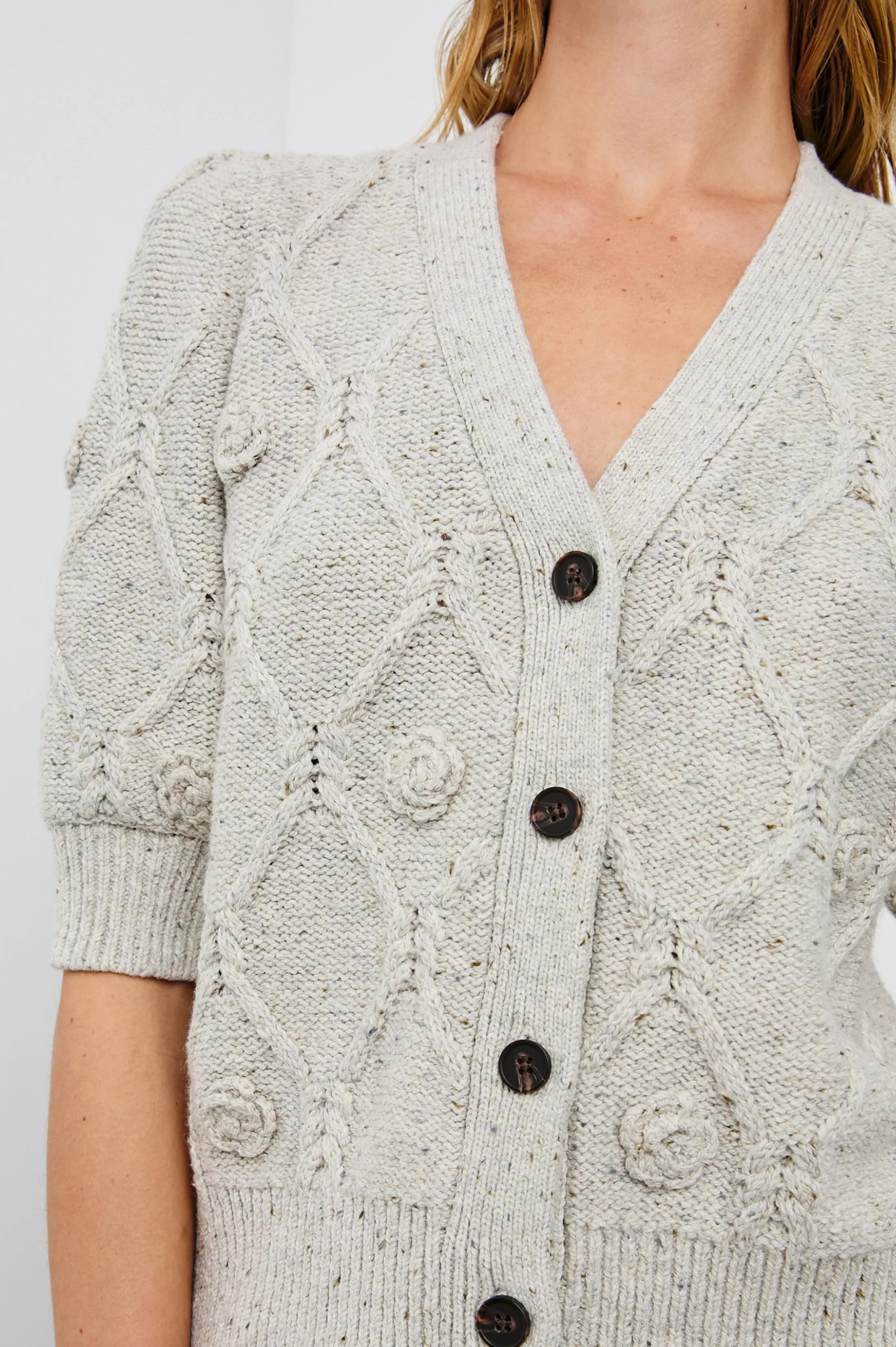 ISLA CARDIGAN - GREY WITH CROCHET DAISIES