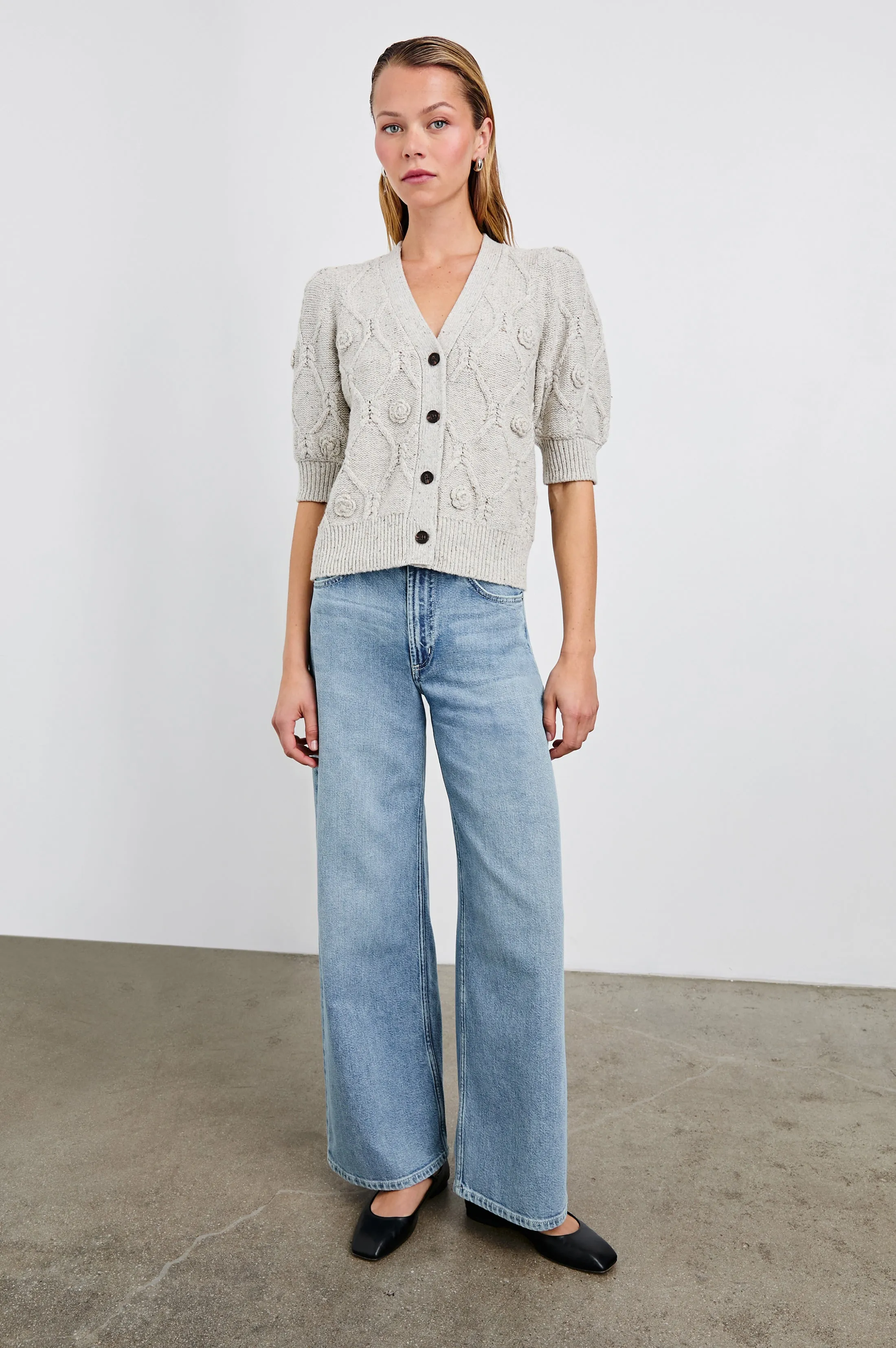 ISLA CARDIGAN - GREY WITH CROCHET DAISIES