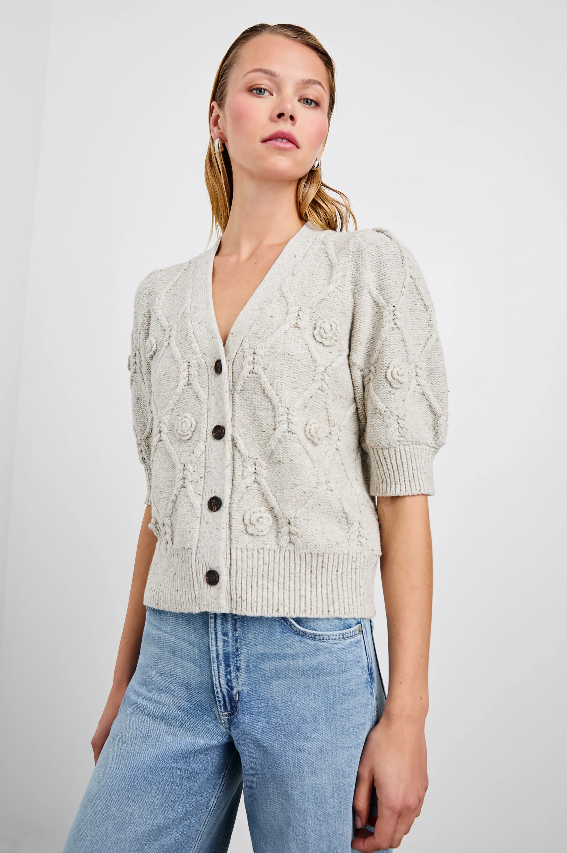 ISLA CARDIGAN - GREY WITH CROCHET DAISIES