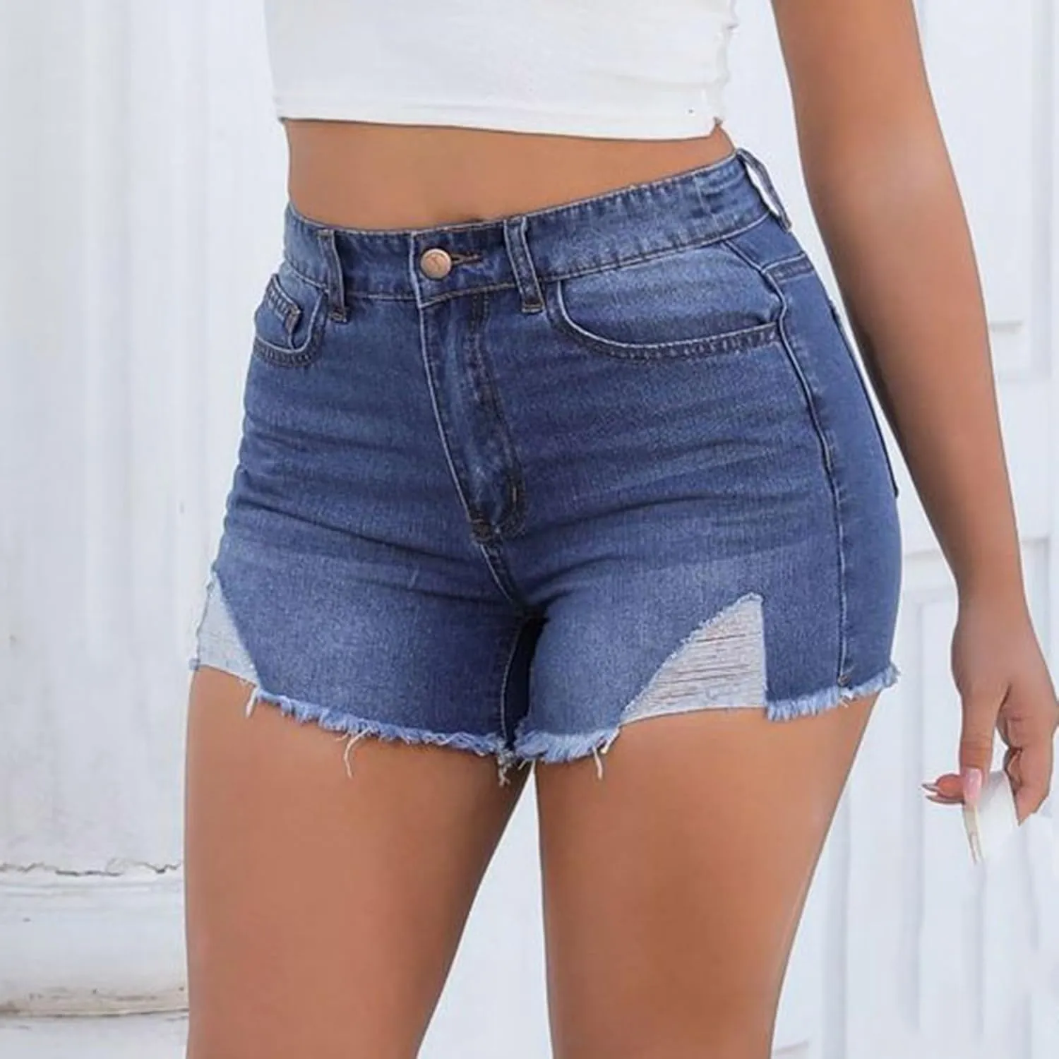 Jean Shorts for Women Trendy High Waisted Stretchy Denim Shorts Summer Casual Baggy Raw Hem Mom Shorts Cutoff Jorts