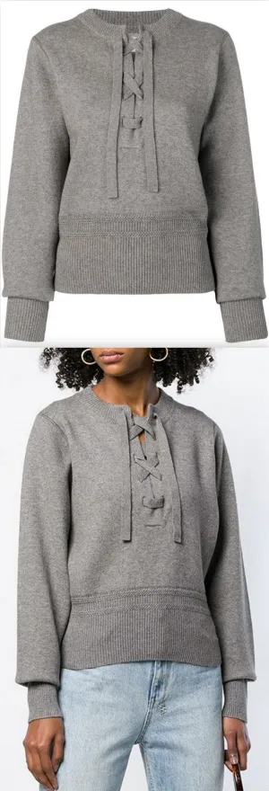 Lace-Up Long Sleeve Sweater, Grey