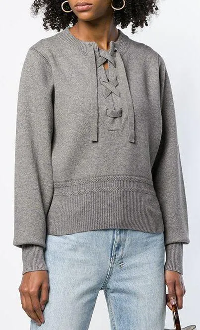 Lace-Up Long Sleeve Sweater, Grey