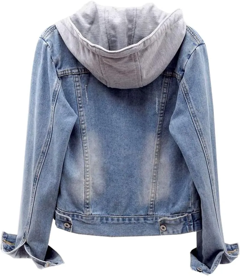 LifeShe Women's Detachable Hoodie Denim Jacket Jean Jackets with Hood