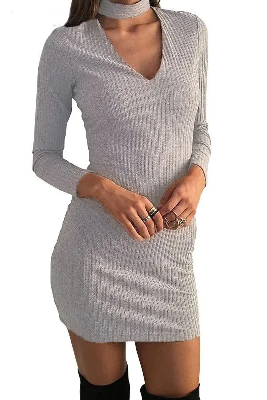 Long Sleeves Cut Out High Neck Bodycon Short Dress